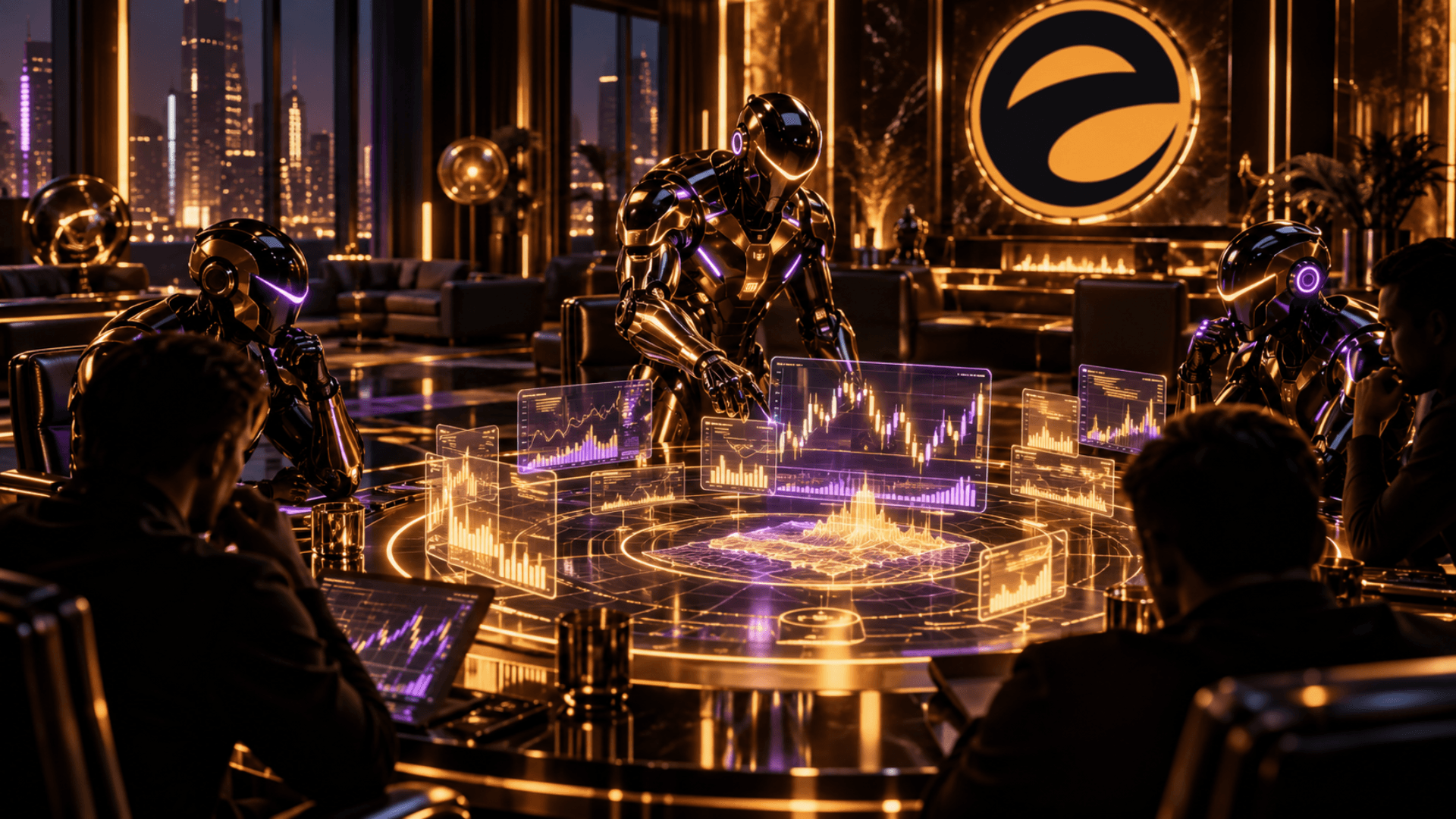Traders and Edge Theory robots gathered around a shared market research table