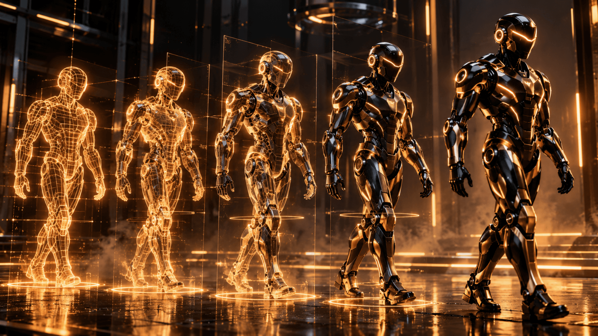 A sequence of robots moving from wireframe sketches to a finished form, illustrating an idea taking shape.